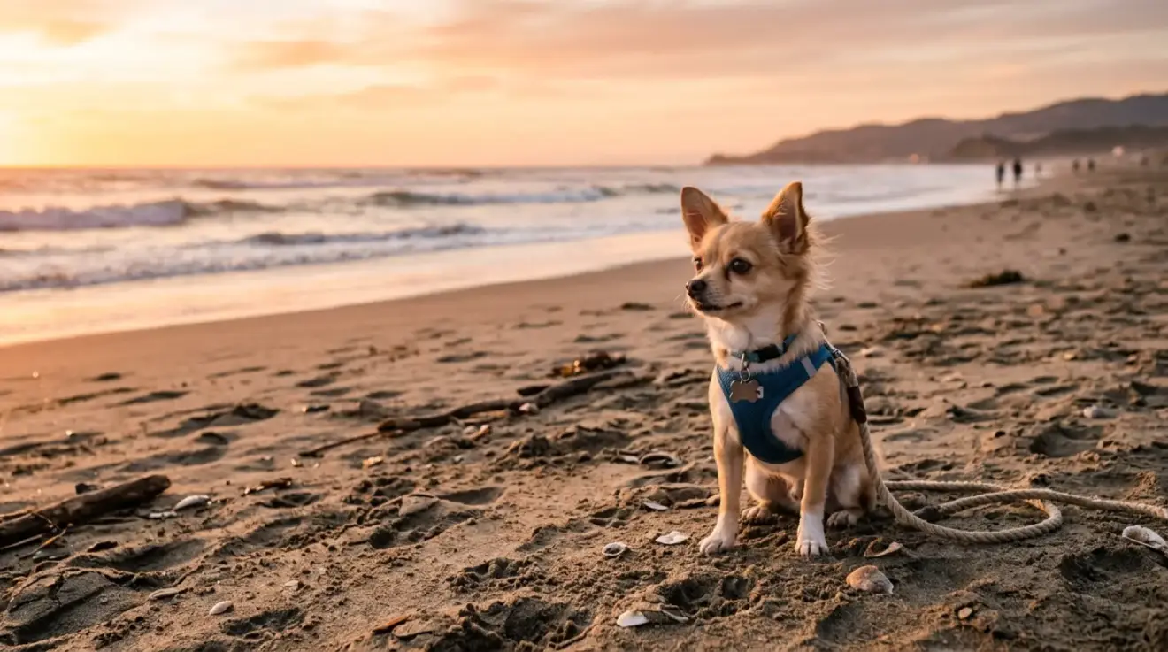 Chihuahua sitting on a sandy ocean beach during golden hour with gentle waves in the background