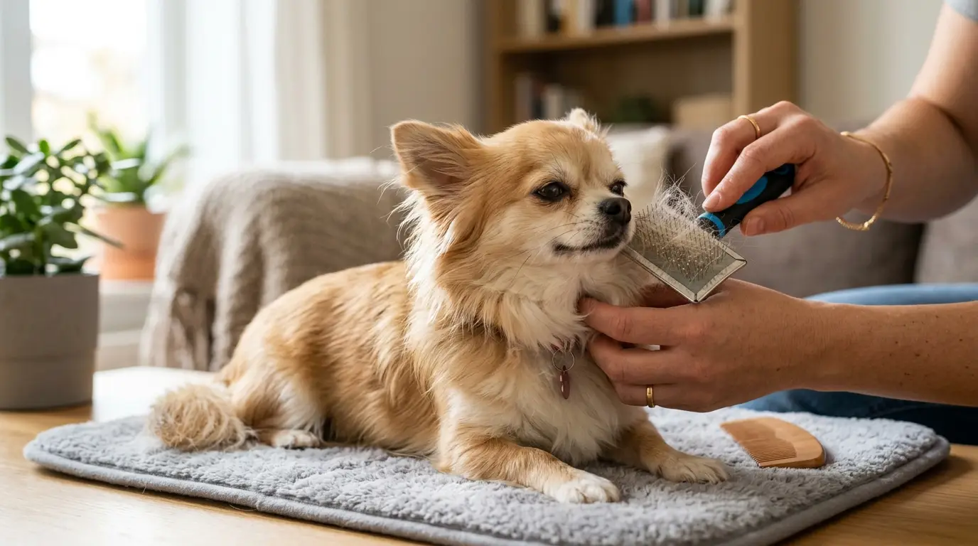 Long-haired Chihuahua being brushed to reduce shedding and maintain a healthy coat.