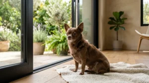 Brown Chihuahua indoors near natural light showing normal shedding and relaxed grooming state