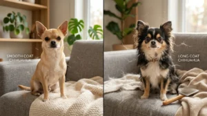 Smooth coat and long coat Chihuahua shedding comparison inside a cozy modern home.