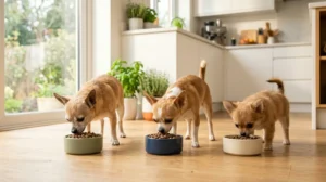 Chihuahua feeding chart showing recommended food portions and feeding schedule for puppy, adult, and senior Chihuahua dogs in a healthy home setting.