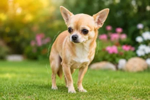 Chihuahua shaking while standing outdoors on green grass in a bright natural environment