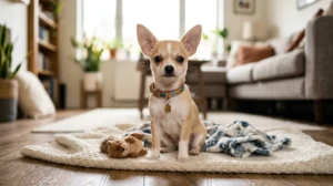 Female Chihuahua puppy sitting confidently with a playful and affectionate personality in a cozy home setting